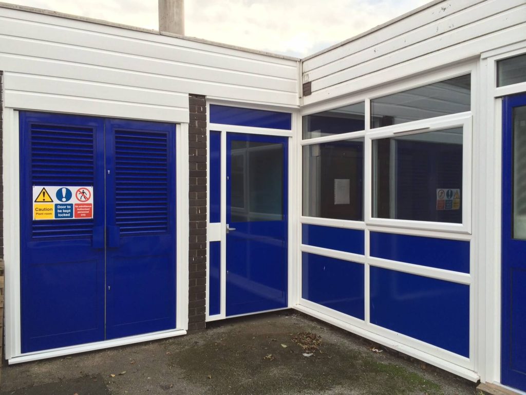 Ultramarine blue aluminium school doors